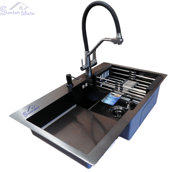 Комплект кухонной мойки Kraft&nbsp;HM&nbsp;NANO BLACK - 7848ALB&nbsp;PVD&nbsp;(3.0/1.0 мм) SM146 фото