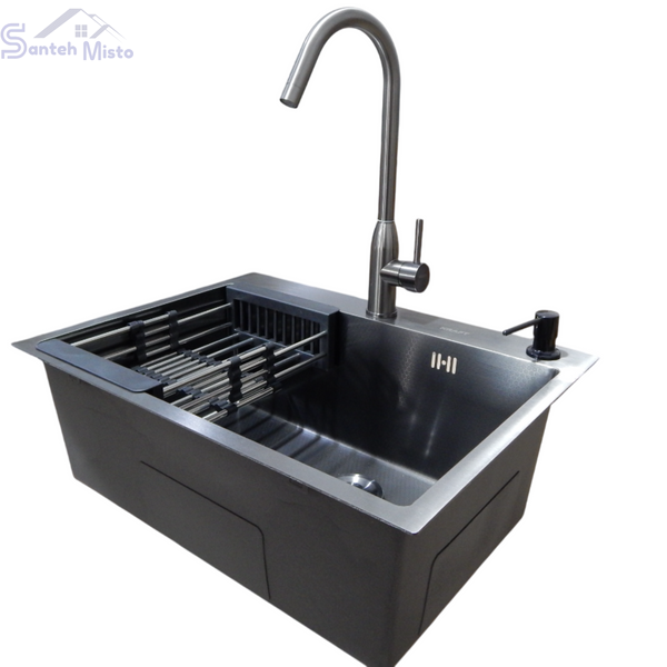 Комплект кухонной мойки Kraft NANO BLACK PVD HS54*48 (3.0/1.0 мм) Декор-соты SM4029 фото