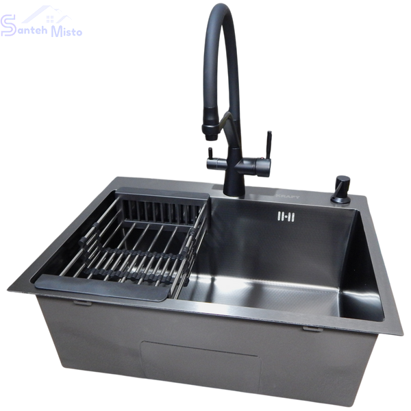 Комплект кухонної мийки Kraft NANO BLACK PVD HS 540х480мм (3.0/1.0 мм)+Змішувач для кухні з підключенням до фільтра Pllen&oacute; Lazio ST19 nero SM40670 фото
