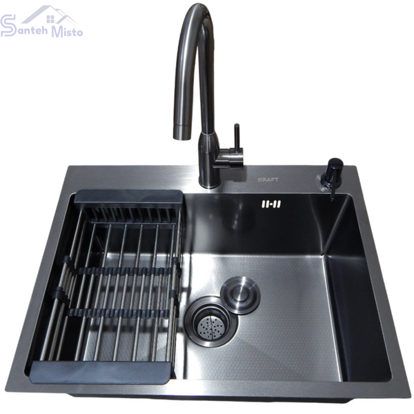 Комплект кухонной мойки Kraft NANO BLACK PVD HS54*48 (3.0/1.0 мм) Декор-соты SM4029 фото