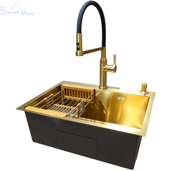 copy_Комплект кухонной мойки Kraft NANO GOLD PVD HS60*45 (3.0/1.0 мм) декор copy_SM50174 фото