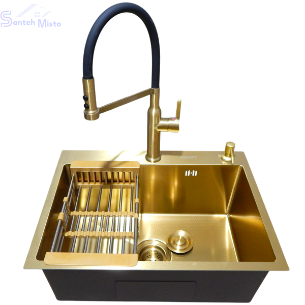 copy_Комплект кухонной мойки Kraft NANO GOLD PVD HS60*45 (3.0/1.0 мм) декор copy_SM50174 фото