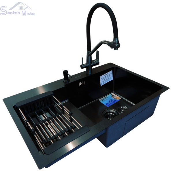 Комплект кухонной мойки Kraft&nbsp;HM&nbsp;NANO BLACK - 7848ALB&nbsp;PVD&nbsp;(3.0/1.0 мм) SM146 фото