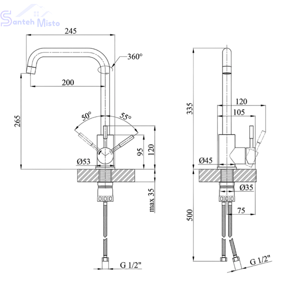 Комплект кухонної мийки Kraft HM 50х50 NANO BLACK PVD (3.0/1.0 мм) SM633 фото
