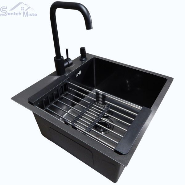 Комплект кухонної мийки Kraft HM 50х50 NANO BLACK PVD (3.0/1.0 мм) SM633 фото