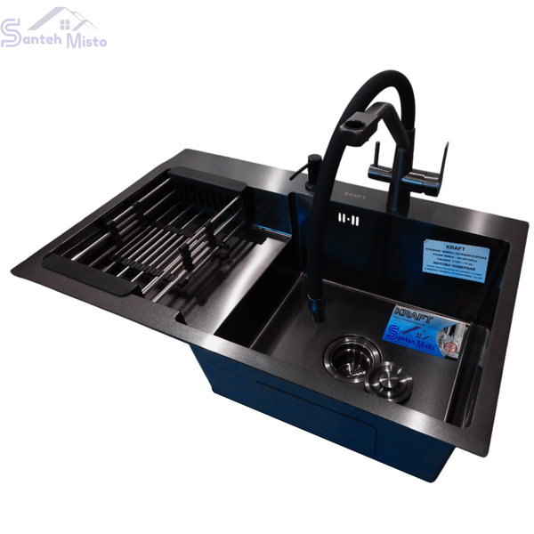 Комплект кухонной мойки Kraft&nbsp;HM&nbsp;NANO BLACK - 7848ALB&nbsp;PVD&nbsp;(3.0/1.0 мм) SM146 фото