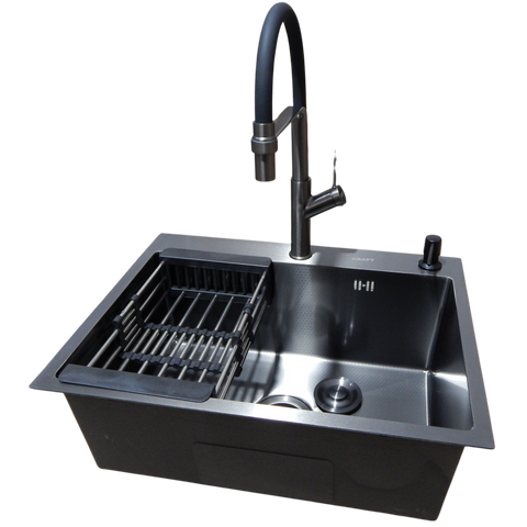 Комплект кухонної мийки Kraft NANO BLACK PVD Декор HS60*45 (3.0/1.0 мм)+Змішувач для кухні з гнучким виливом Pllen&oacute; SM45100 фото