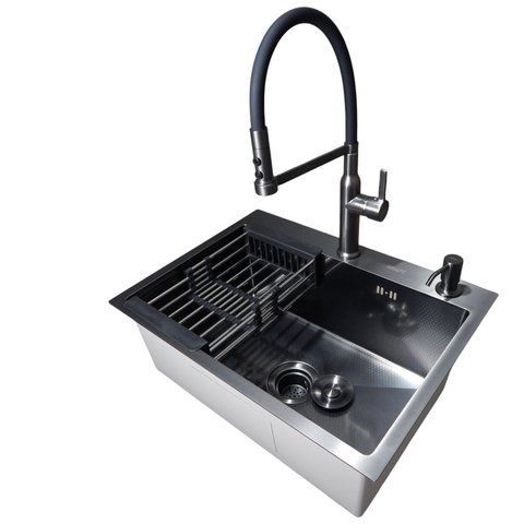 Комплект кухонного миття Kraft NANO BLACK PVD HS 540х480 Декор-соти (3.0/1.0 мм)+Змішувач для кухні Kroner KRP Ersel - GRP03112BLK Графіт SM21802 фото