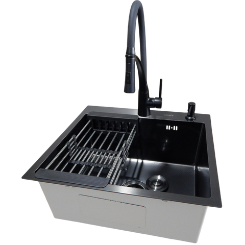 Комплект кухонной мойки KRAFT NANO BLACK Handmade PVD-Графит HS 540х480 Декор-Соты (3.0/1.0 мм)+Кухонный смеситель Kroner KRP Ersel - SCH03393BLK SM718 фото