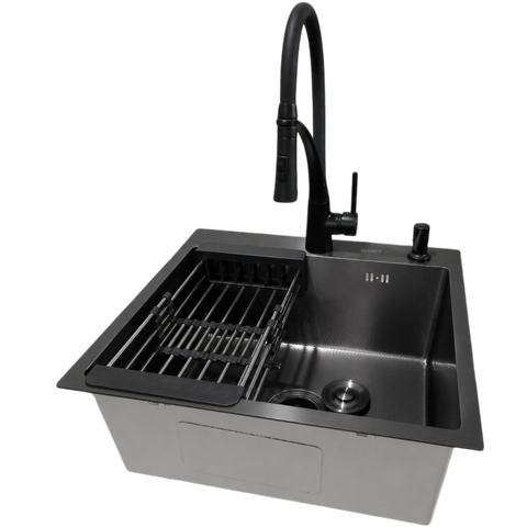 Комплект кухонной мойки KRAFT NANO BLACK Handmade PVD-Графит HS 540х480 Декор-Соты (3.0/1.0 мм)+Кухонный смеситель Kroner KRP Ersel - SCH03393BLK SM718 фото