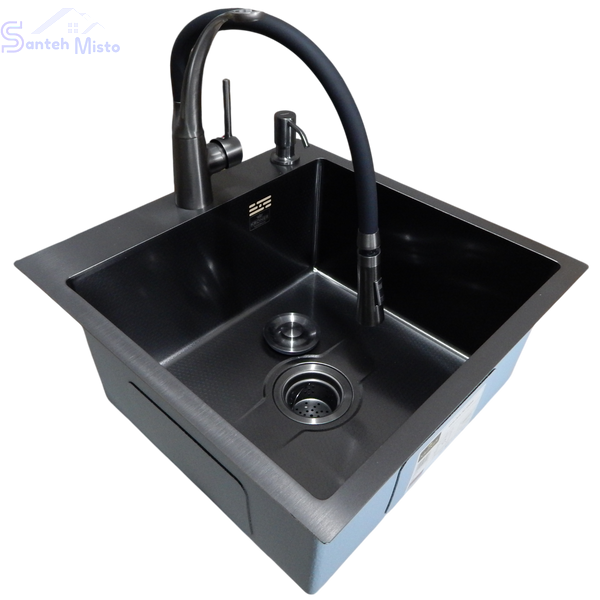 Комплект кухонной мойки Kroner KRP Schwarze - 50х50HM PVD (3.0/1.0 мм) SM0533 фото