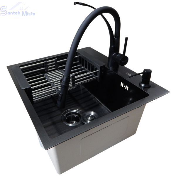 Комплект кухонной мойки KRAFT NANO BLACK Handmade PVD-Графит HS 540х480 Декор-Соты (3.0/1.0 мм)+Кухонный смеситель Kroner KRP Ersel - SCH03393BLK SM718 фото