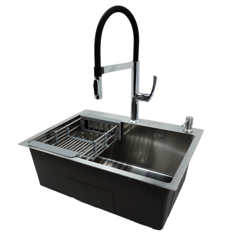 Комплект кухонної мийки Kraft KRF 6045 DECOR (3.0/1.0 мм)+Змішувач для кухні Kroner KRP Kuche - C03816BLK (хром) SM66035 фото
