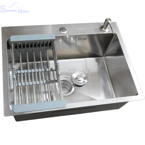 Комплект кухонної мийки Kraft KRF 6045 DECOR (3.0/1.0 мм)+Змішувач для кухні Kroner KRP Kuche - C03816BLK (хром) SM66035 фото