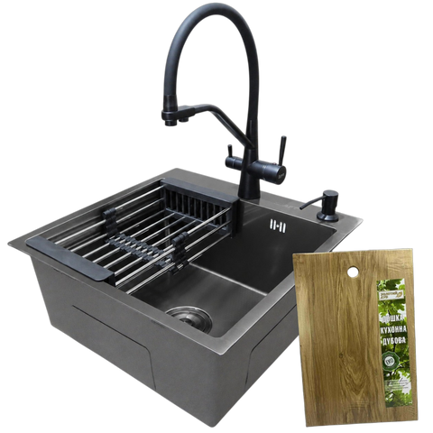 Комплект кухонної мийки Kraft NANO BLACK PVD HS 500х500мм Декор (3.0/1.0 мм)+Змішувач для кухні з підключенням до фільтра Pllen&oacute; Lazio ST19 nero SM7040 фото
