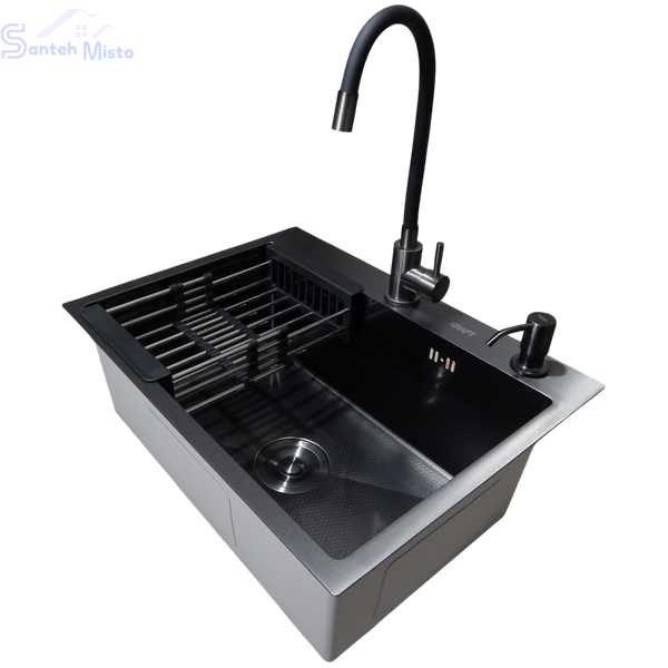 Комплект кухонної мийки Kraft NANO BLACK PVD HS60*45 (3.0/1.0 мм) декор SM10540 фото