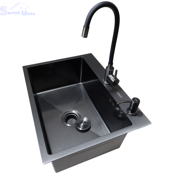 Комплект кухонної мийки Kraft NANO BLACK PVD HS60*45 (3.0/1.0 мм) декор SM10540 фото