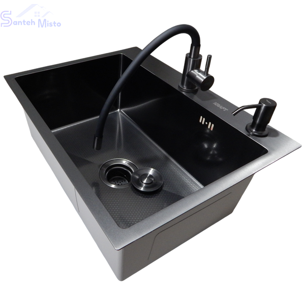 Комплект кухонної мийки Kraft NANO BLACK PVD HS60*45 (3.0/1.0 мм) декор SM10540 фото