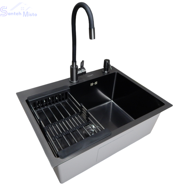 Комплект кухонної мийки Kraft NANO BLACK PVD HS60*45 (3.0/1.0 мм) декор SM10540 фото