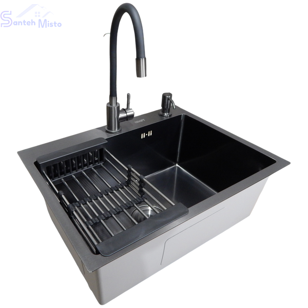 Комплект кухонної мийки Kraft NANO BLACK PVD HS60*45 (3.0/1.0 мм) декор SM10540 фото
