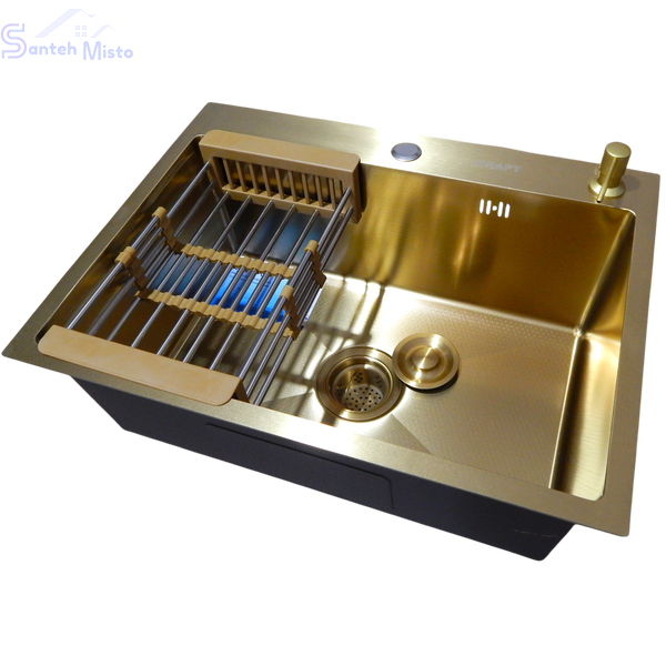 Комплект кухонной мойки Kraft NANO GOLD PVD HS60*45 (3.0/1.0 мм) декор SM30155 фото