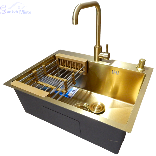Комплект кухонной мойки Kraft NANO GOLD PVD HS60*45 (3.0/1.0 мм) декор SM30155 фото
