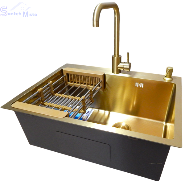Комплект кухонной мойки Kraft NANO GOLD PVD HS60*45 (3.0/1.0 мм) декор SM30155 фото
