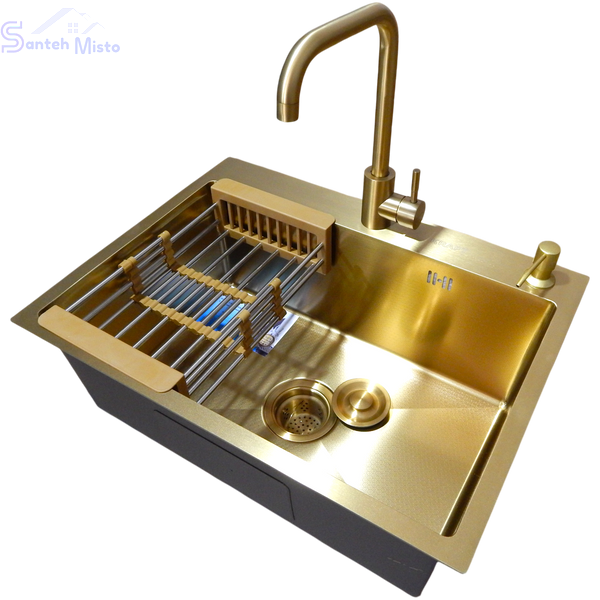 Комплект кухонной мойки Kraft NANO GOLD PVD HS60*45 (3.0/1.0 мм) декор SM30155 фото