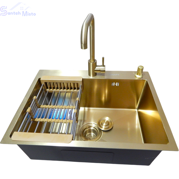 Комплект кухонной мойки Kraft NANO GOLD PVD HS60*45 (3.0/1.0 мм) декор SM30155 фото