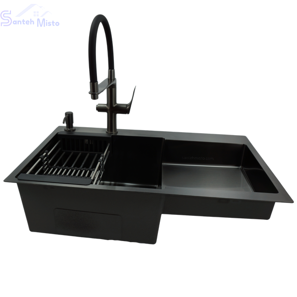 Комплект кухонної мийки Kraft HM&nbsp;NANO BLACK - 7848ALB&nbsp;PVD&nbsp;(3.0/1.0 мм) SM33147 фото