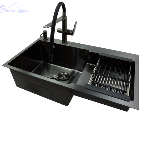 Комплект кухонної мийки Kraft HM&nbsp;NANO BLACK - 7848ALB&nbsp;PVD&nbsp;(3.0/1.0 мм) SM33147 фото
