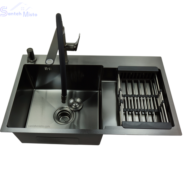 Комплект кухонної мийки Kraft HM&nbsp;NANO BLACK - 7848ALB&nbsp;PVD&nbsp;(3.0/1.0 мм) SM33147 фото