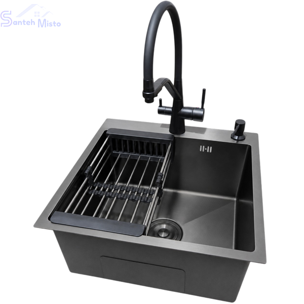 Комплект кухонної мийки Kraft NANO BLACK PVD HS 500х500мм Декор (3.0/1.0 мм)+Змішувач для кухні з підключенням до фільтра Pllen&oacute; Lazio ST19 nero SM7040 фото