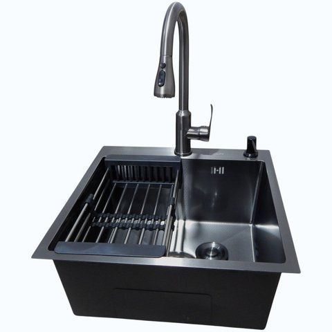 Кухонна мийка Kraft HM 50х50 NANO BLACK PVD Decor (3.0/1.0 мм)+Кухонний змішувач TH38 VALESO PVD Графіт SМ1042 фото