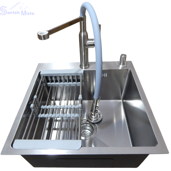 Комплект кухонної мийки Kraft KRF 5050 decor (3.0/1.0 мм)+Змішувач для кухні з гнучким виливом Pllen&oacute; Lazio BLK17 spazzolato SM14309 фото