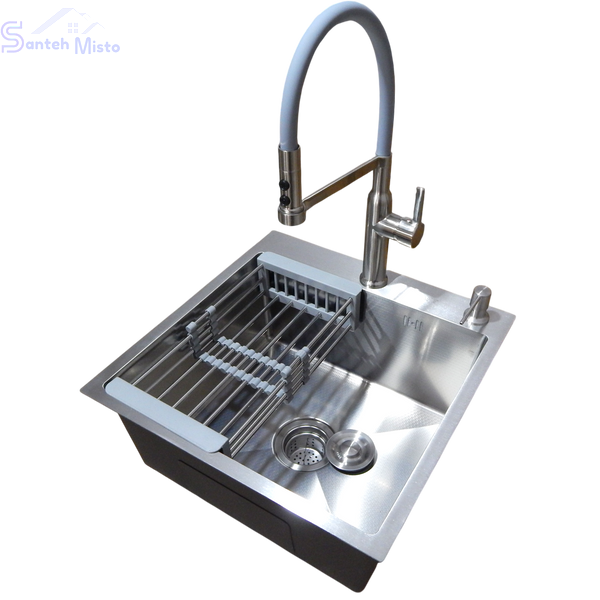 Комплект кухонної мийки Kraft KRF 5050 decor (3.0/1.0 мм)+Змішувач для кухні з гнучким виливом Pllen&oacute; Lazio BLK17 spazzolato SM14309 фото