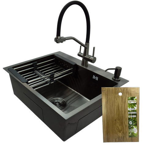 Комплект кухонної мийки Kraft NANO BLACK PVD HS54*48 (3.0/1.0 мм) декор SM2509 фото