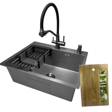 Комплект кухонной мойки Kraft NANO BLACK PVD HS54*48 (3.0/1.0 мм) декор SM2509 фото