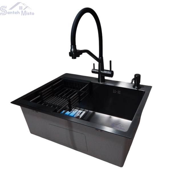 Комплект кухонной мойки Kraft NANO BLACK PVD HS54*48 (3.0/1.0 мм) декор SM2509 фото