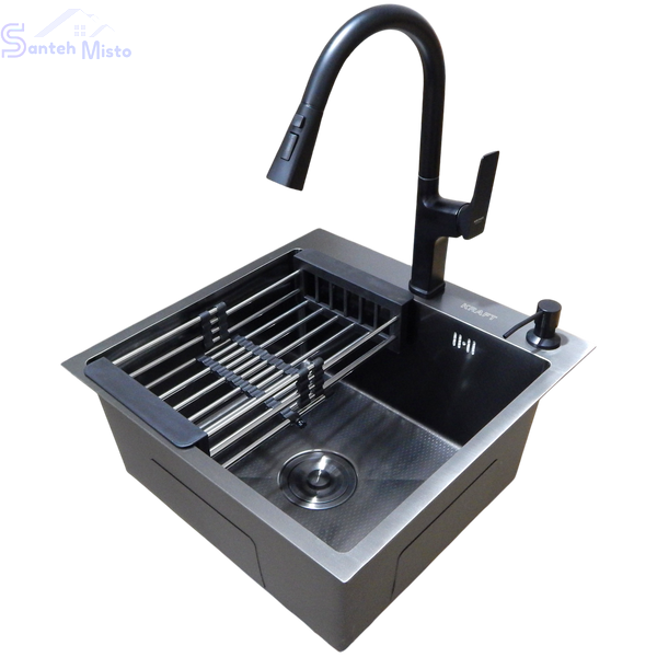 Комплект кухонної мийки Kraft HM 50х50 NANO BLACK (DECOR) PVD (3.0/1.0 мм) SМ1046 фото