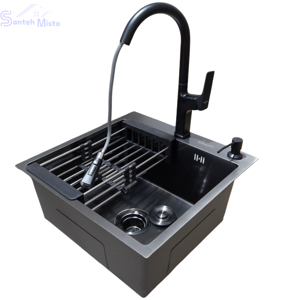 Комплект кухонної мийки Kraft HM 50х50 NANO BLACK (DECOR) PVD (3.0/1.0 мм) SМ1046 фото