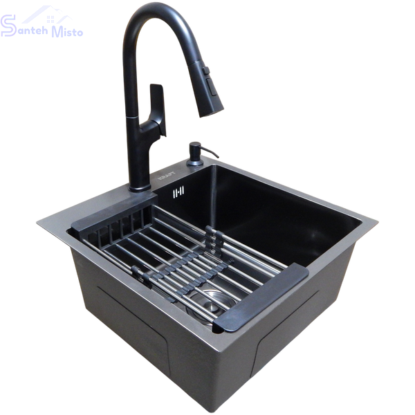 Комплект кухонної мийки Kraft HM 50х50 NANO BLACK (DECOR) PVD (3.0/1.0 мм) SМ1046 фото