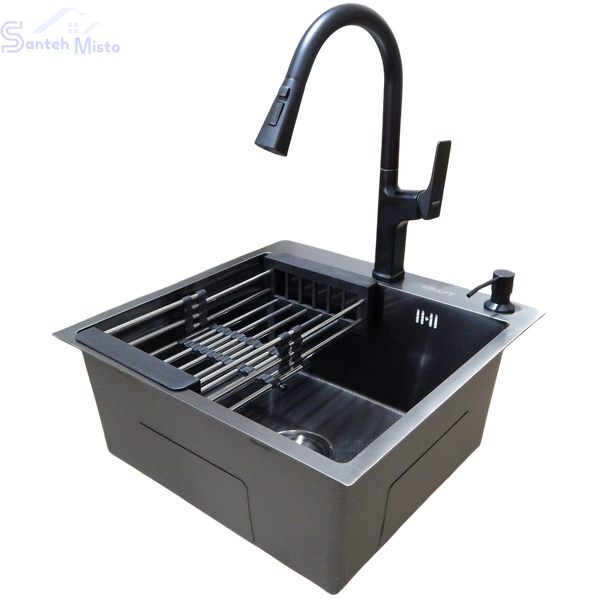 Комплект кухонної мийки Kraft HM 50х50 NANO BLACK (DECOR) PVD (3.0/1.0 мм) SМ1046 фото