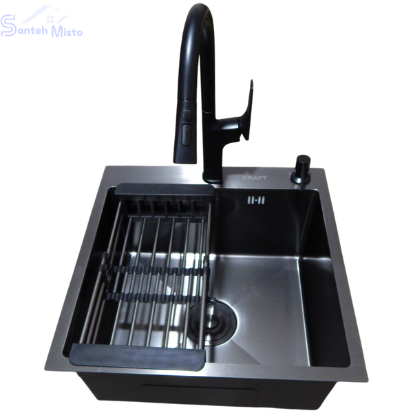 Комплект кухонної мийки Kraft HM 50х50 NANO BLACK (DECOR) PVD (3.0/1.0 мм) SМ1046 фото
