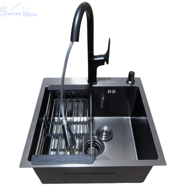 Комплект кухонної мийки Kraft HM 50х50 NANO BLACK (DECOR) PVD (3.0/1.0 мм) SМ1046 фото