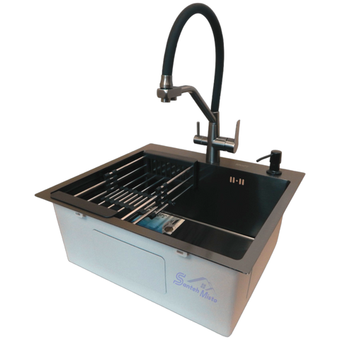 Комплект кухонної мийки Kraft чорна HS 540Х480 NANO BLACK PVD (3.0/1.0 мм) SM3510 фото