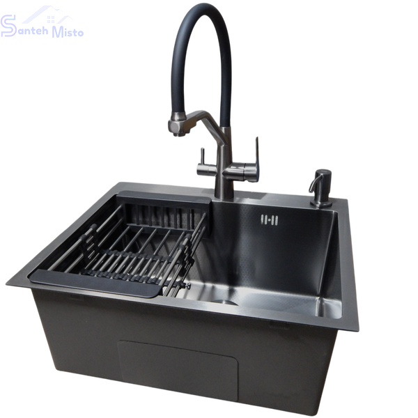 Комплект кухонної мийки Kraft графіт HS 600Х450мм NANO BLACK PVD Декор (3.0/1.0 мм)+Змішувач для кухні з підключенням до фільтра Kroner Edelstahl Klassisch - PVD03817BLK SM218095 фото