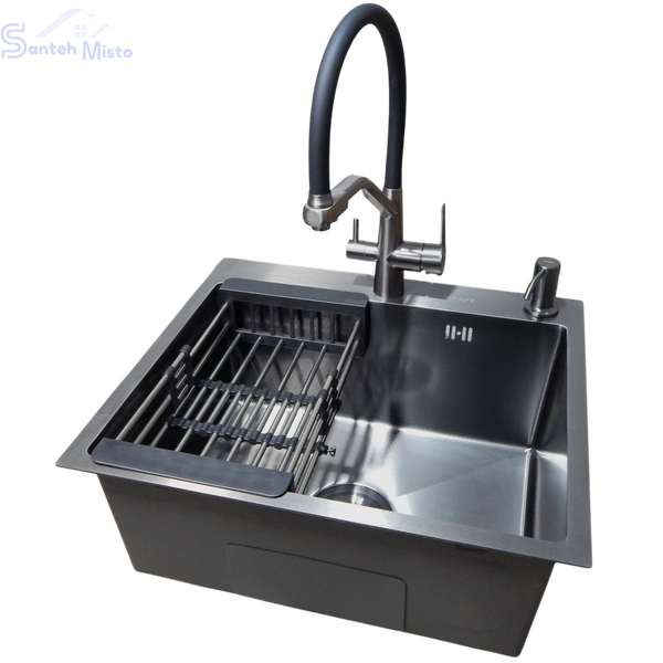 Комплект кухонної мийки Kraft графіт HS 600Х450мм NANO BLACK PVD Декор (3.0/1.0 мм)+Змішувач для кухні з підключенням до фільтра Kroner Edelstahl Klassisch - PVD03817BLK SM218095 фото
