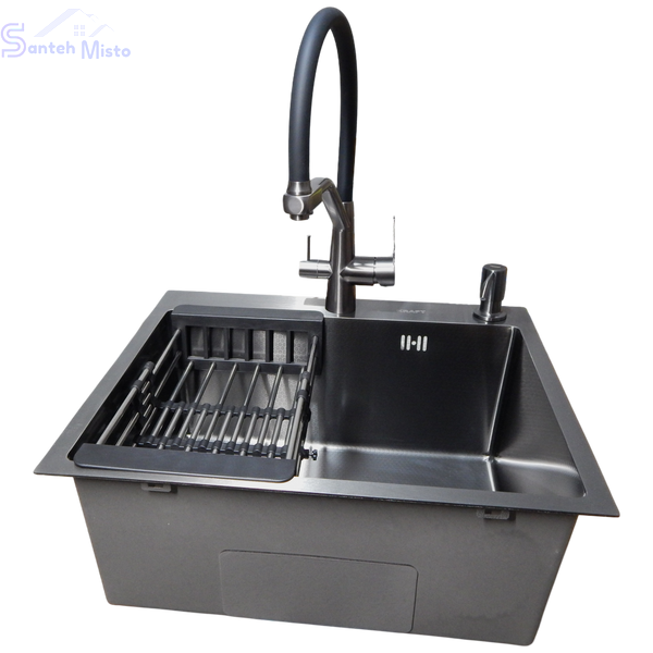 Комплект кухонної мийки Kraft графіт HS 600Х450мм NANO BLACK PVD Декор (3.0/1.0 мм)+Змішувач для кухні з підключенням до фільтра Kroner Edelstahl Klassisch - PVD03817BLK SM218095 фото