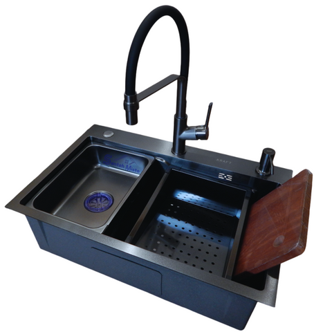Комплект кухонной мойки Kraft HM 6845 NANO BLACK SM302 фото